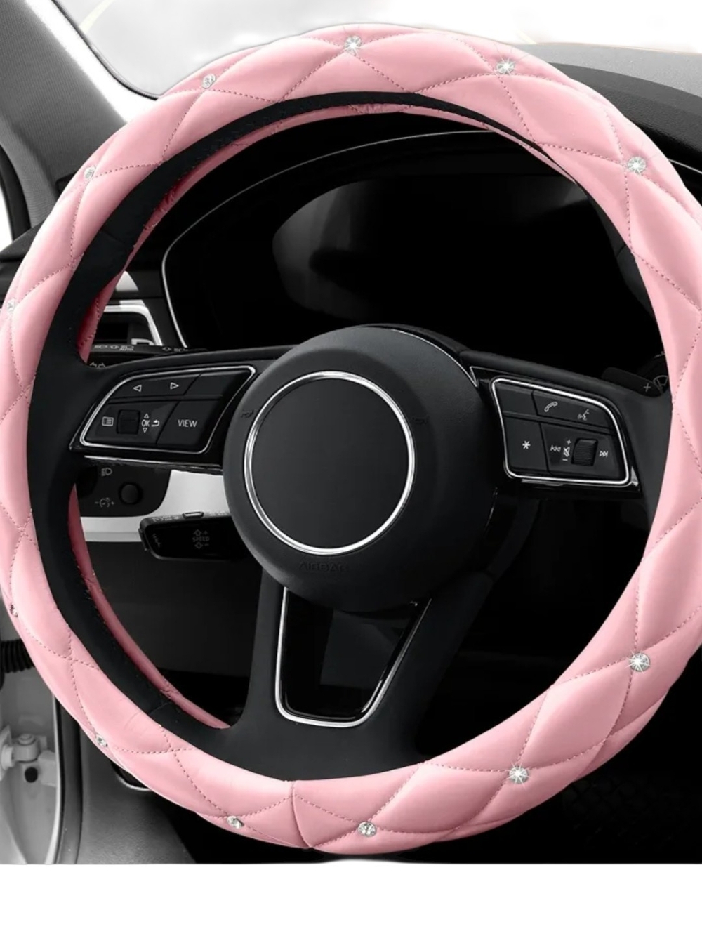 Pink Quilted Steering Wheel Cover with Rhinestones